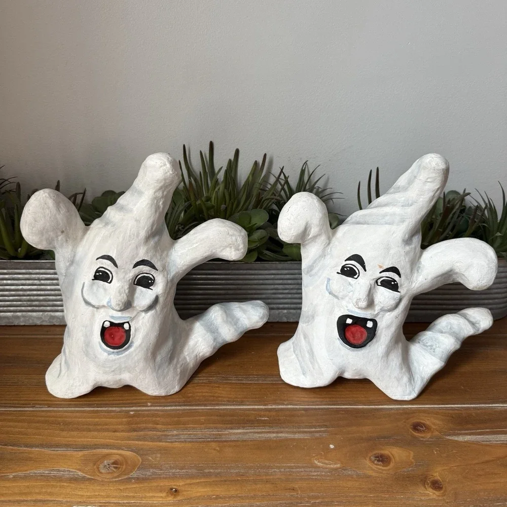 Vintage Halloween Paper Mache Ghosts Pair Hand Painted Folk Art 10 inches